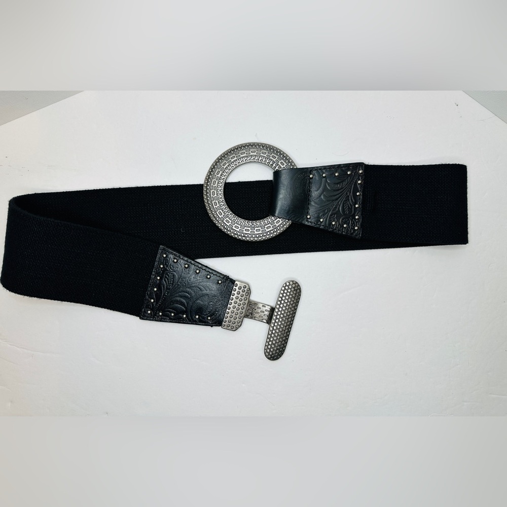 Black Leather and Linen Stretch Belt Silver Circle Buckle Toggle Clasp Sz Small
